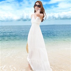 沙滩裙v领白色拖地长裙