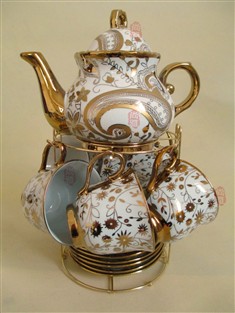 欧式英式复古钛金陶瓷咖啡壶杯碟具套装茶具结婚礼品+金属架13头