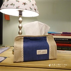 新品出口韩国地中海棉麻花边纸巾盒牛仔蓝大号纸巾盒