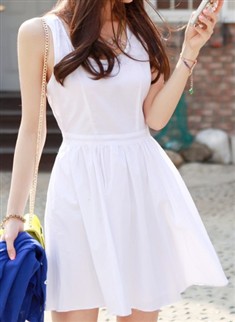 韩国代购女装夏季清新气质后背镂空高腰无袖背心连衣裙