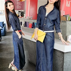 2013夏季女装新款韩国天丝修身中袖牛仔连衣长裙