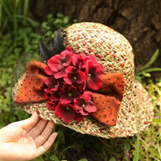 原创手工帽设计帽子拉菲划遮阳防晒羽毛森女帽复古花朵