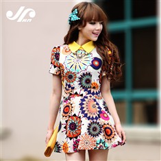 2013韩版修身大码女装连衣裙夏季新款复古高腰印花短袖裙