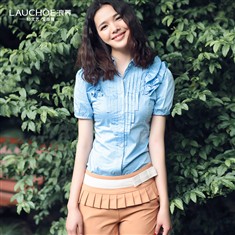 夏季夏装韩版女装修身学院风短袖上衣纯色木耳边衬衫