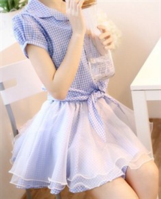 2013女装夏季新款日系格子短袖欧根纱蓬蓬裙两件套短裙