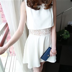 2013夏装新款韩版气质圆领无袖蕾丝雪纺中腰连衣裙连身短裙
