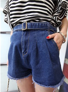 夏季新款韩版休闲腰带款褶皱高腰牛仔短裤热裤女
