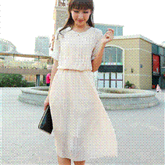 新款女装韩版短袖雪纺百褶连衣裙气质修身短袖长裙