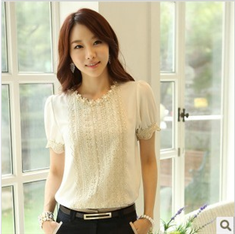 女雪纺衫韩版大码职业女装夏装上衣T恤短袖蕾丝衬衫