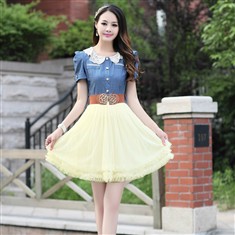 2013新款女装牛仔雪纺连衣裙夏季韩版修身女蕾丝