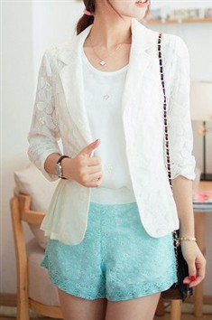 2013韩版女装七分袖蕾丝雪纺拼接修身翻领小西装外套