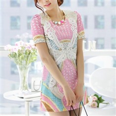 夏季韩国代购现货蕾丝英格兰艳丽显瘦修身粉色印花连衣裙