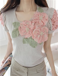 韩国代购唯美仿真立体粉色蕾丝花朵镂空短袖T恤上衣夏