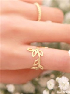 韩国时尚镀真精致叶子镶嵌树枝皇冠开口戒指可调节