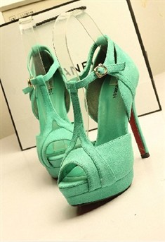 欧美性感镂空鱼嘴鞋绿色罗马鞋凉鞋细跟超高跟鞋防水台踝带鞋