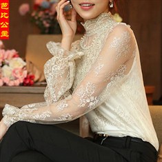 新款韩版立领女气质蕾丝打底衫长袖修身手工钉珠蕾丝衬衫