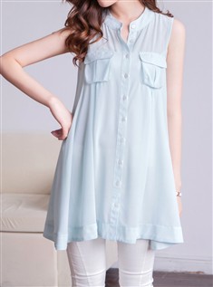 新款韩版女装中长款无袖小立领背心雪纺衫衬衫裙