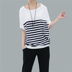 韩版女装新款大码蝙蝠衫短袖宽松夏季条纹T体恤百搭包邮