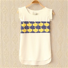 夏装新款韩版时尚圆领拼色印花图案飞袖雪纺衫