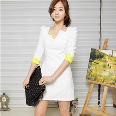 韩国代购新款韩版修身显瘦拼接纯白中袖包臀气质连衣裙