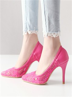 韩国正品女鞋新款欧美时尚优雅蕾丝镂空尖头鞋高跟鞋