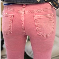 新款女装韩版休闲牛仔长裤铅笔裤个性粉色显瘦小脚牛仔裤