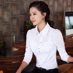 韩版女装新款女式ol通勤棉纺修身白衬衫女长袖职业衬衣