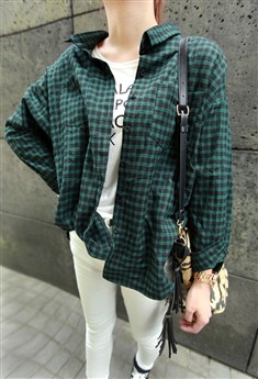 韩版秋季女好质感BF风宽松两面穿格子棉绒长袖衬衫黑红绿