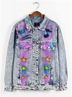 韩国新款zipper原宿风手绘彩色涂鸦漫画星星音符宽松牛仔衣外套