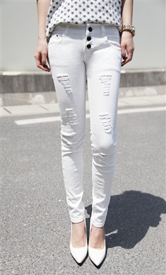 外贸原单破洞水洗弹力修身白色牛仔裤9分裤