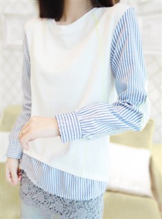 韩版女假2件衬衣清爽竖条纹长袖打底衫衬衫女