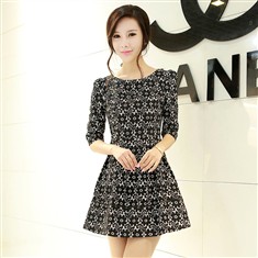 女韩版新款气质中袖五分袖提花修身显瘦高档连衣裙子