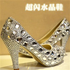 水晶鞋婚鞋高跟鞋白色水钻手工定制新娘鞋银色婚纱鞋