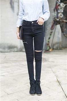 新款韩版修身显瘦高腰牛仔裤紧身磨破小脚裤铅笔裤