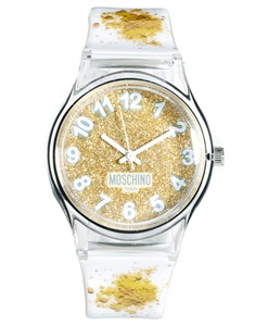 英国MoschinoCheap&Chic金葱粉印花透明壳PU表带时装手表