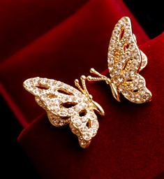 欧美个性饰品韩国18K镀金耳环甜美范满钻对称蝴蝶耳钉