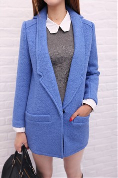 冬装韩国复古西装领蓝色羊毛呢大衣中长款尼子外套
